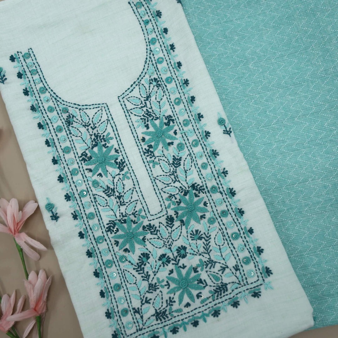 Fulkarrie Fern Green Embroidered Neck Work Cotton Linen Top with Cotton Linen Bottom 2 Piece Set