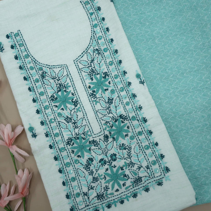 Fulkarrie Fern Green Embroidered Neck Work Cotton Linen Top with Cotton Linen Bottom 2 Piece Set