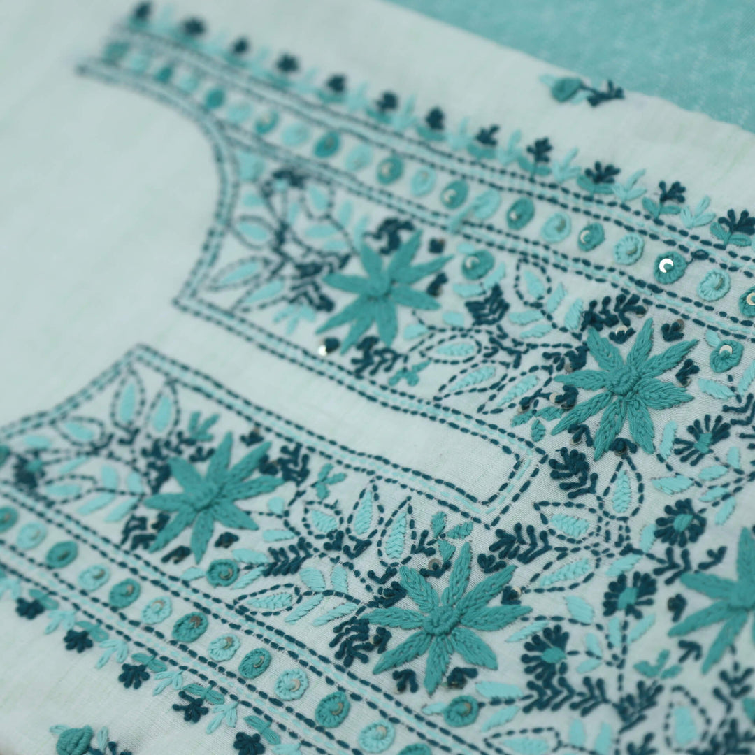 Fulkarrie Fern Green Embroidered Neck Work Cotton Linen Top with Cotton Linen Bottom 2 Piece Set