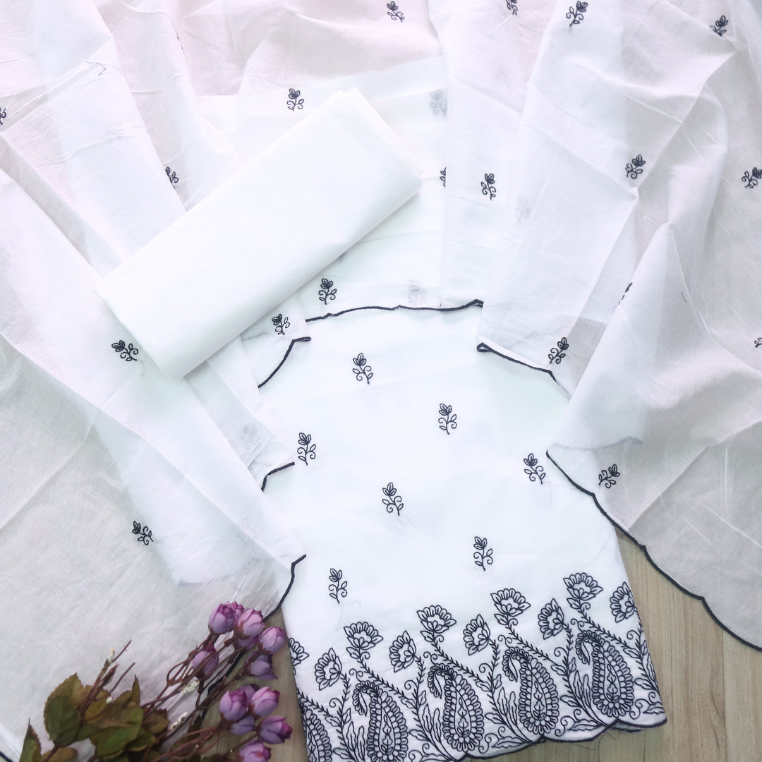 Rahi Pearl White with Black Thread Applique Hem Cotton Suit Set