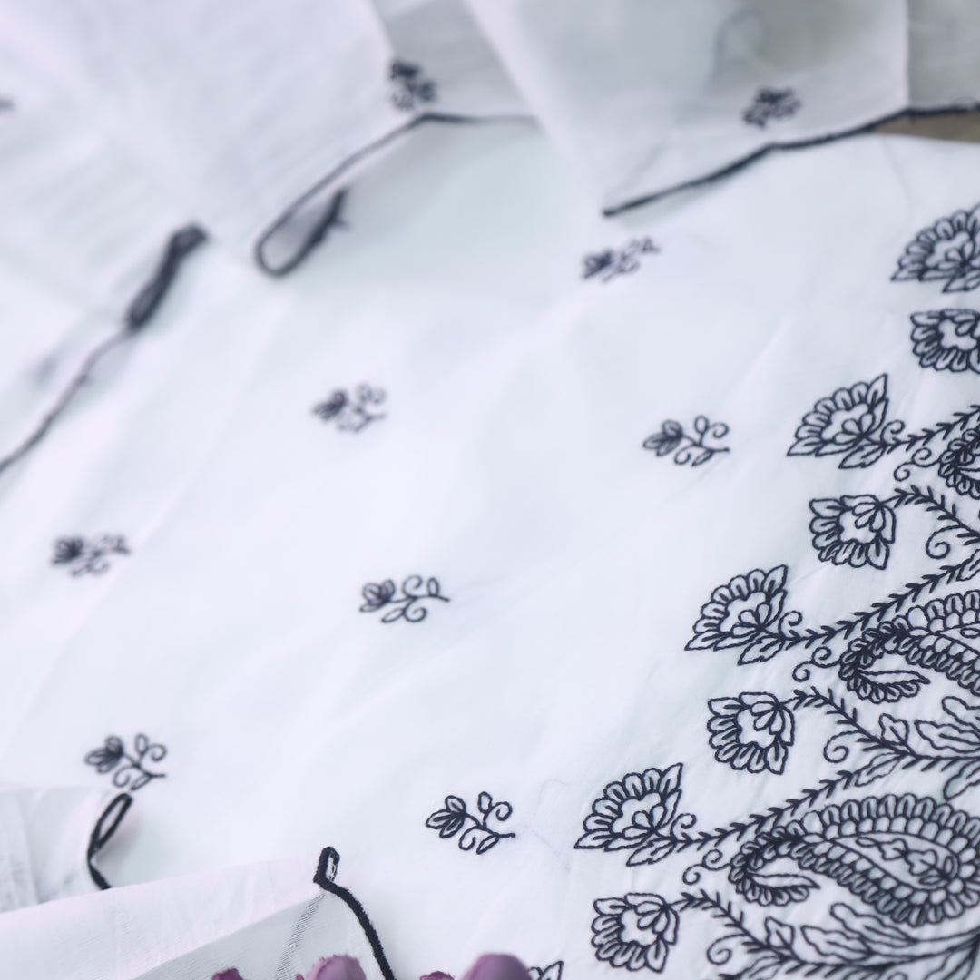 Rahi Pearl White with Black Thread Applique Hem Cotton Suit Set