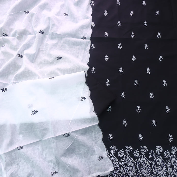 Rahi Black with White Thread Applique Hem Cotton Suit Set