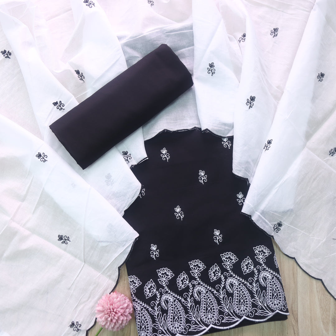 Rahi Black with White Thread Applique Hem Cotton Suit Set