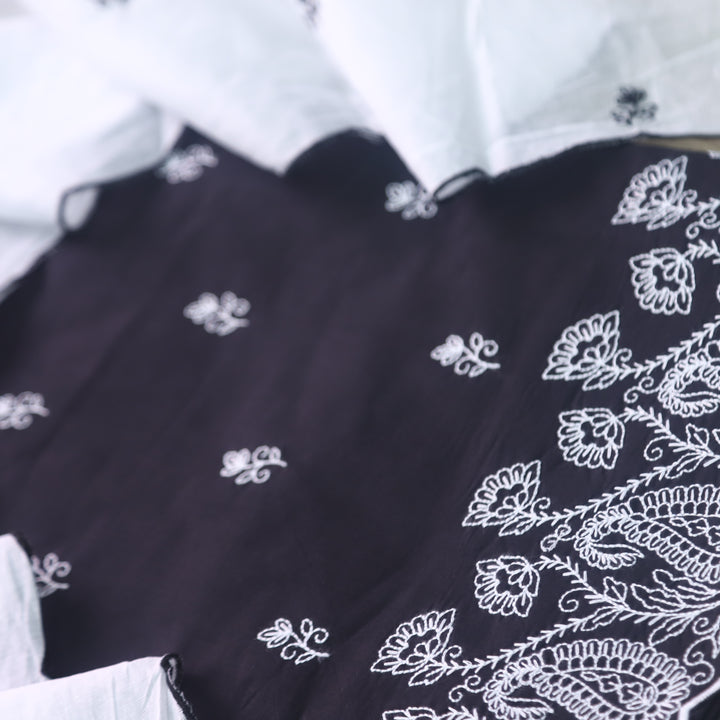 Rahi Black with White Thread Applique Hem Cotton Suit Set