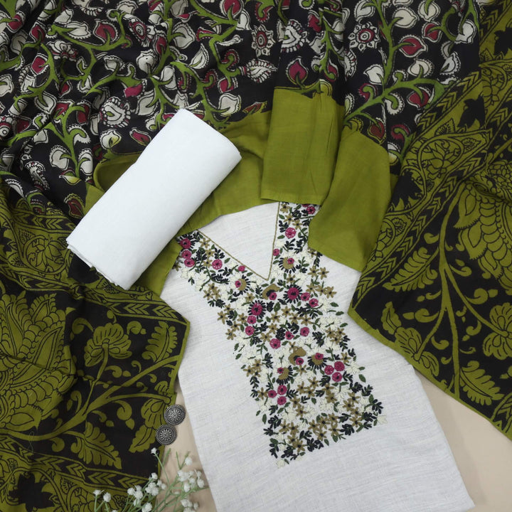 Fulkarrie Colonial Grey Embroidered Neck Work Cotton Linen Top and Printed Cotton Linen Dupatta Set