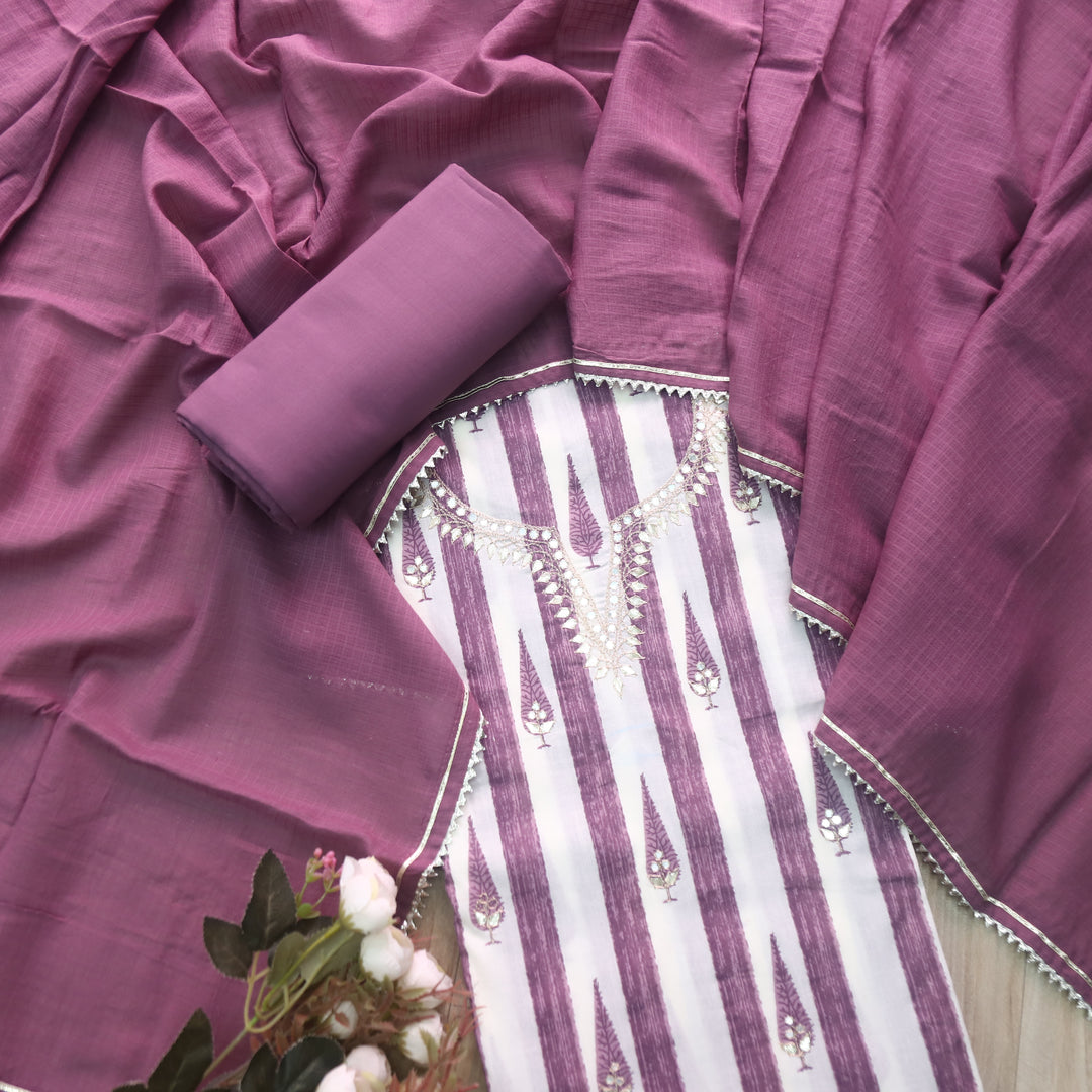 Rahi Berry Purple Stripe Printed Cotton Top with Kota Doriya Dupatta Set
