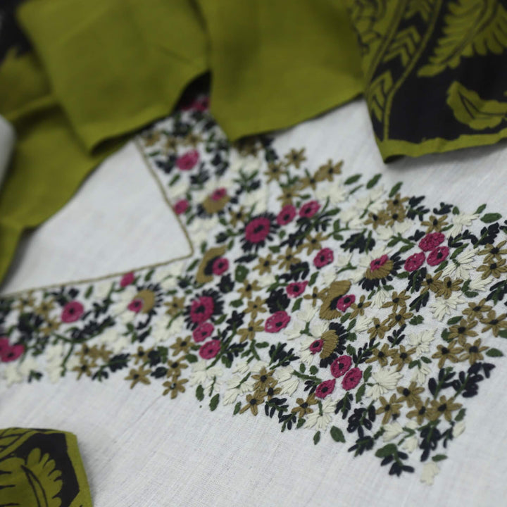 Fulkarrie Colonial Grey Embroidered Neck Work Cotton Linen Top and Printed Cotton Linen Dupatta Set