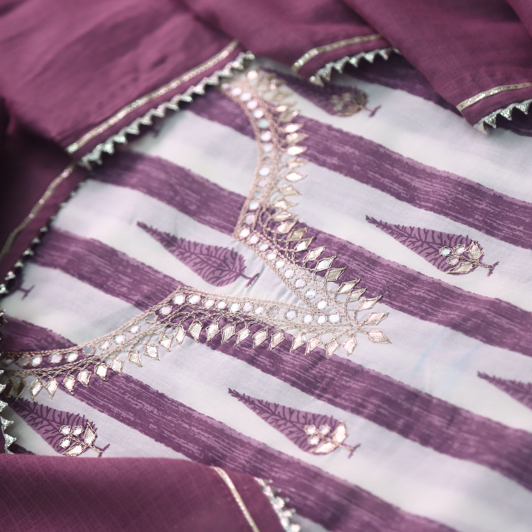 Rahi Berry Purple Stripe Printed Cotton Top with Kota Doriya Dupatta Set