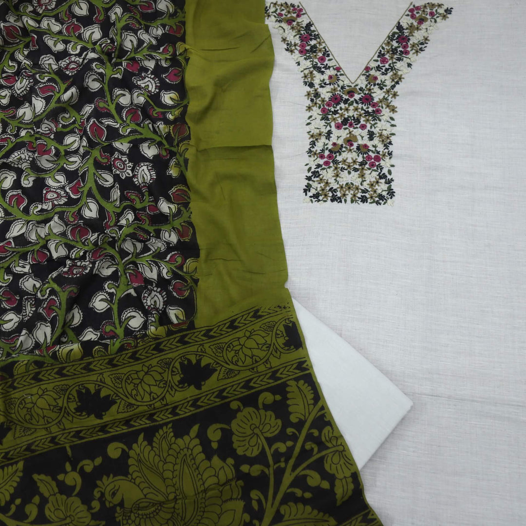 Fulkarrie Colonial Grey Embroidered Neck Work Cotton Linen Top and Printed Cotton Linen Dupatta Set