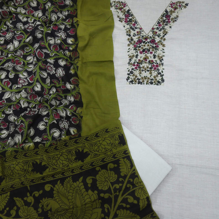 Fulkarrie Colonial Grey Embroidered Neck Work Cotton Linen Top and Printed Cotton Linen Dupatta Set