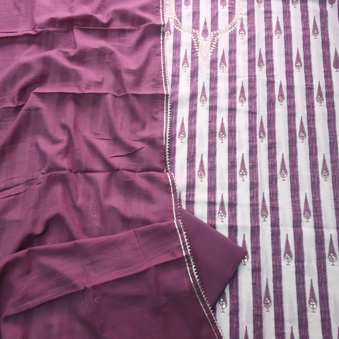 Rahi Berry Purple Stripe Printed Cotton Top with Kota Doriya Dupatta Set