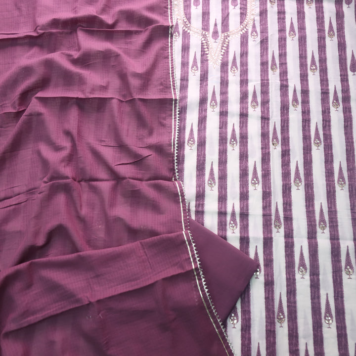 Rahi Berry Purple Stripe Printed Cotton Top with Kota Doriya Dupatta Set