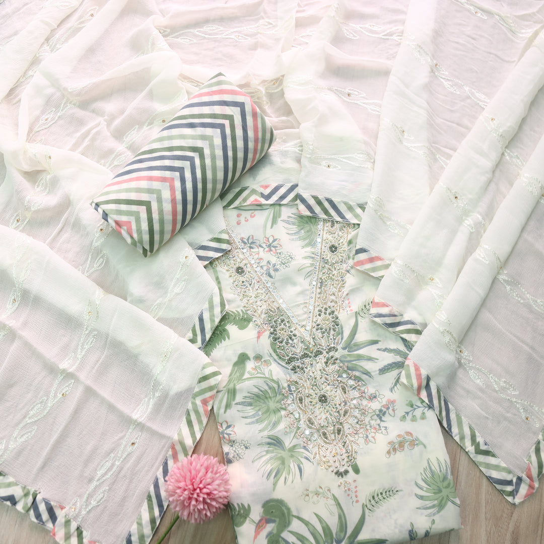 Rahi Pista Green V Neck Embellished Work Floral Printed Cotton Suit Set