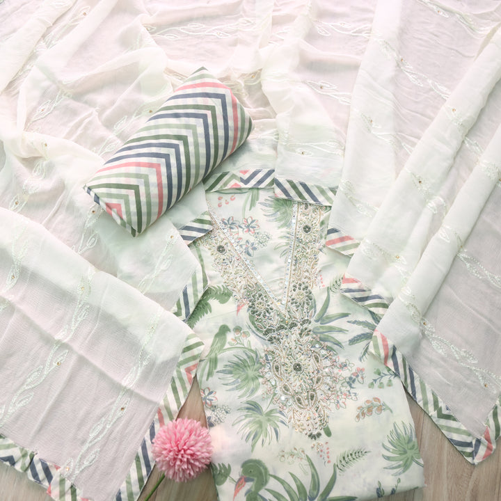 Rahi Pista Green V Neck Embellished Work Floral Printed Cotton Suit Set