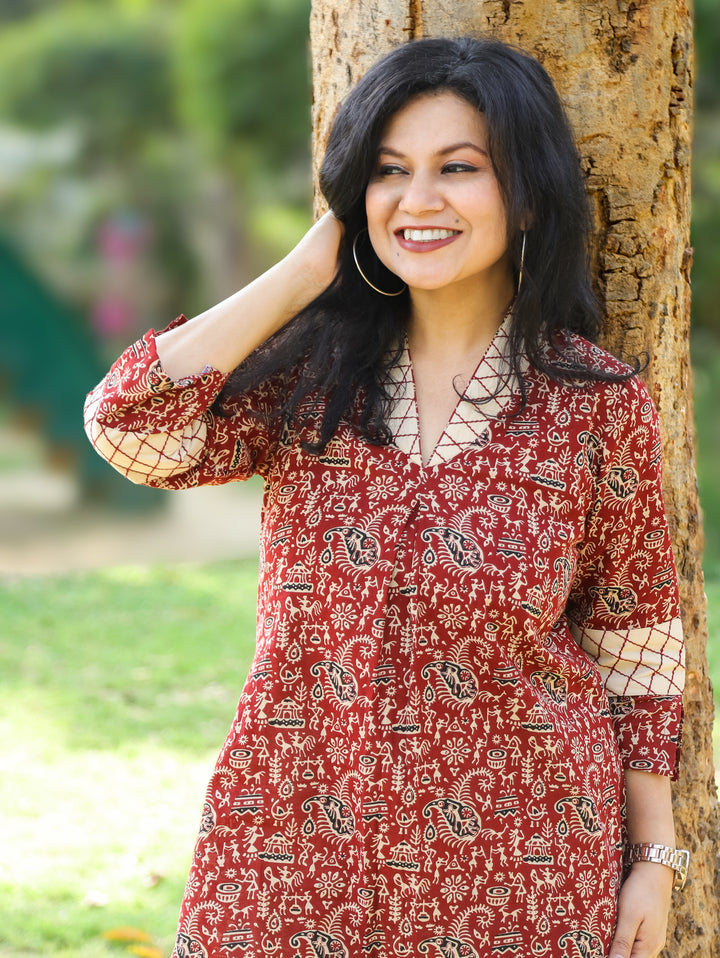 Bani Apple Red Sailor Collar Neck Warli Printed Work Short Cotton Kurti