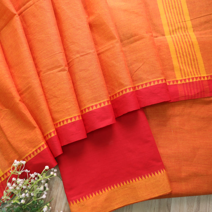 Sanskruti Orange with Yellow Temple Hem South Cotton Suit Set