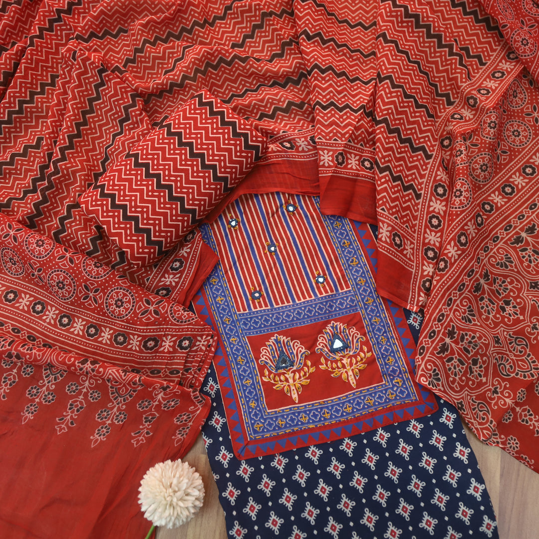 Rubayat Denim Blue Mirror Neck Work in Printed Cotton Suit Set