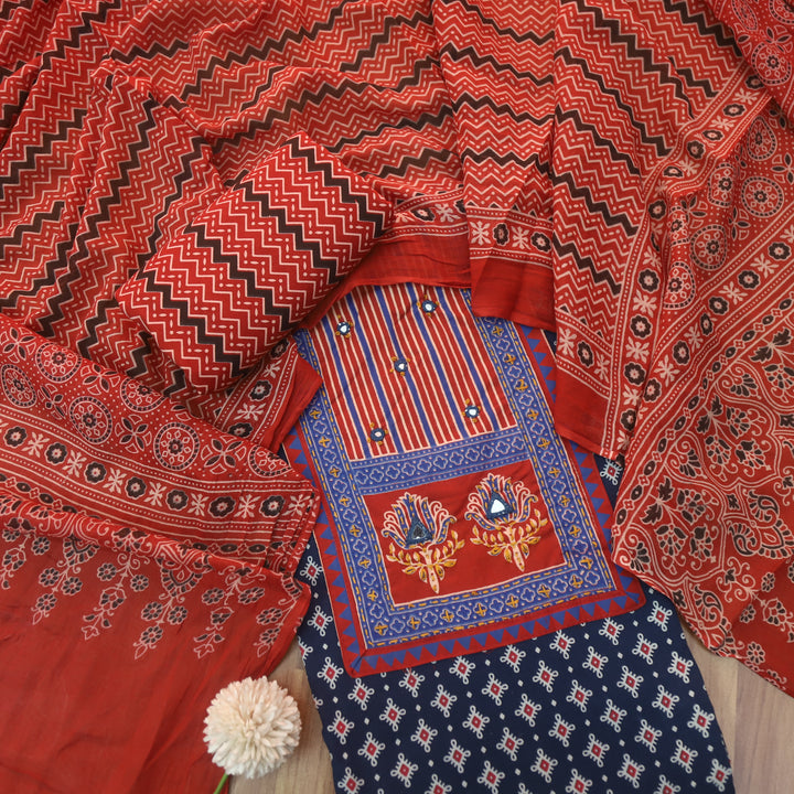 Rubayat Denim Blue Mirror Neck Work in Printed Cotton Suit Set