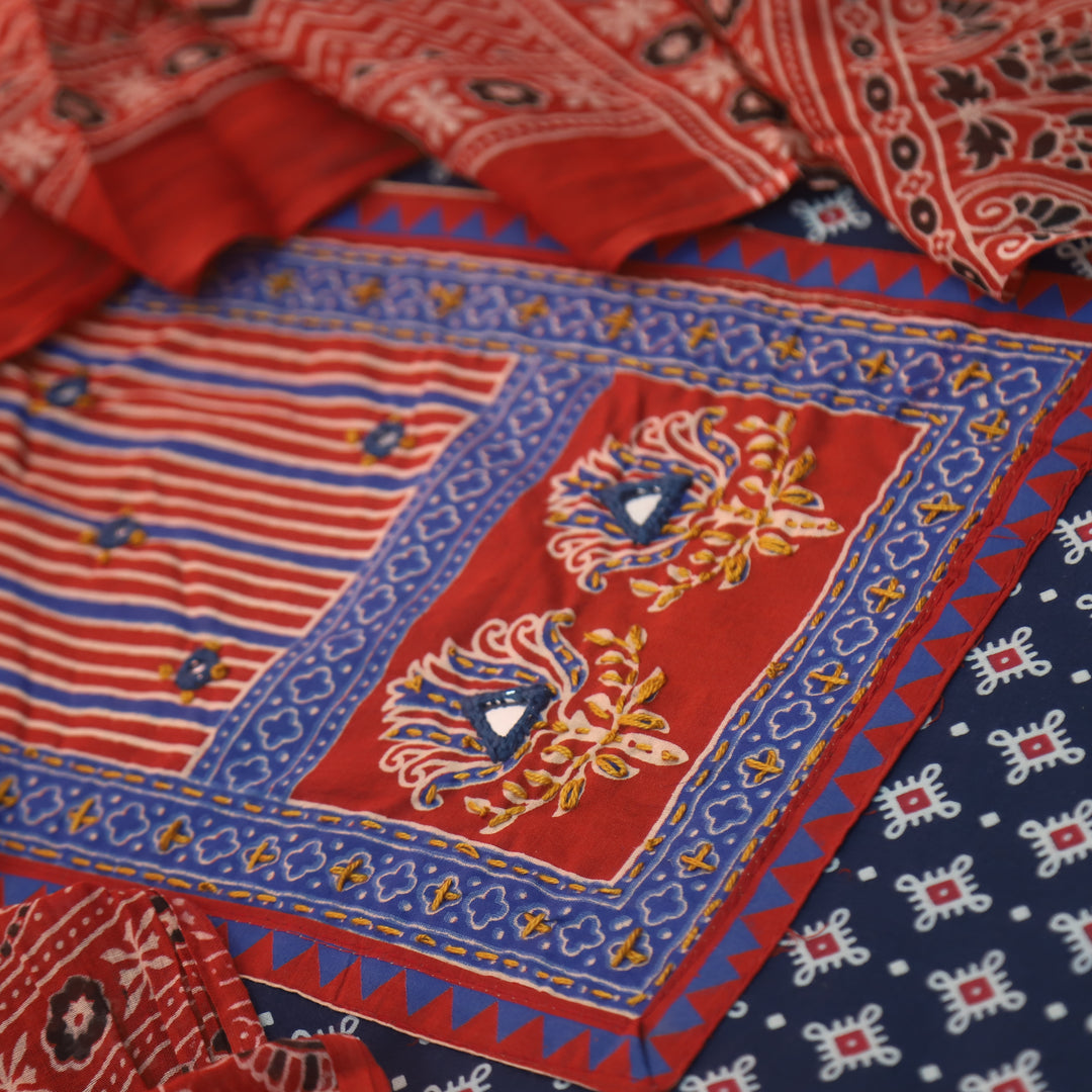 Rubayat Denim Blue Mirror Neck Work in Printed Cotton Suit Set
