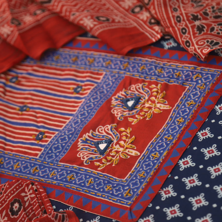 Rubayat Denim Blue Mirror Neck Work in Printed Cotton Suit Set