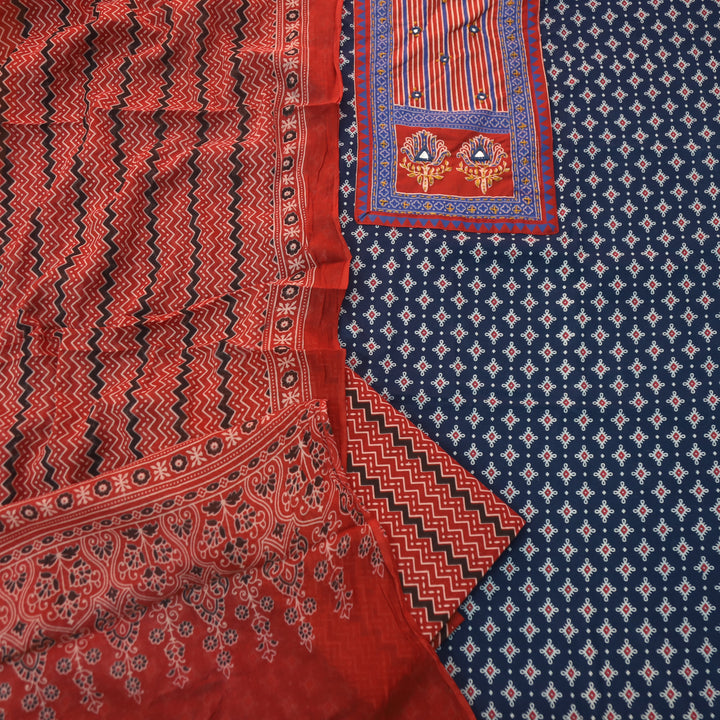Rubayat Denim Blue Mirror Neck Work in Printed Cotton Suit Set