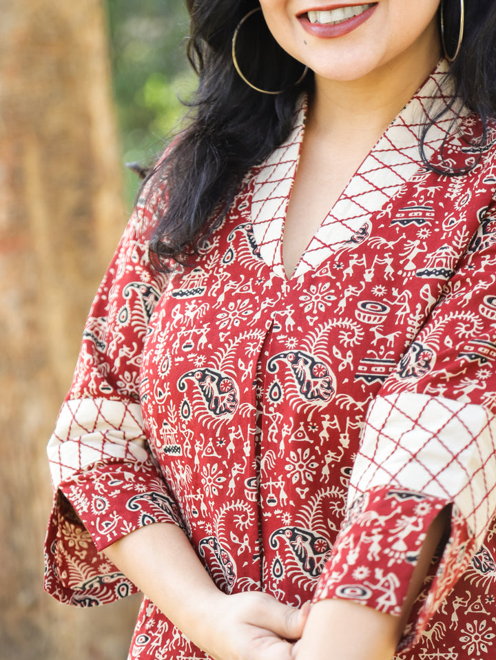 Bani Apple Red Sailor Collar Neck Warli Printed Work Short Cotton Kurti