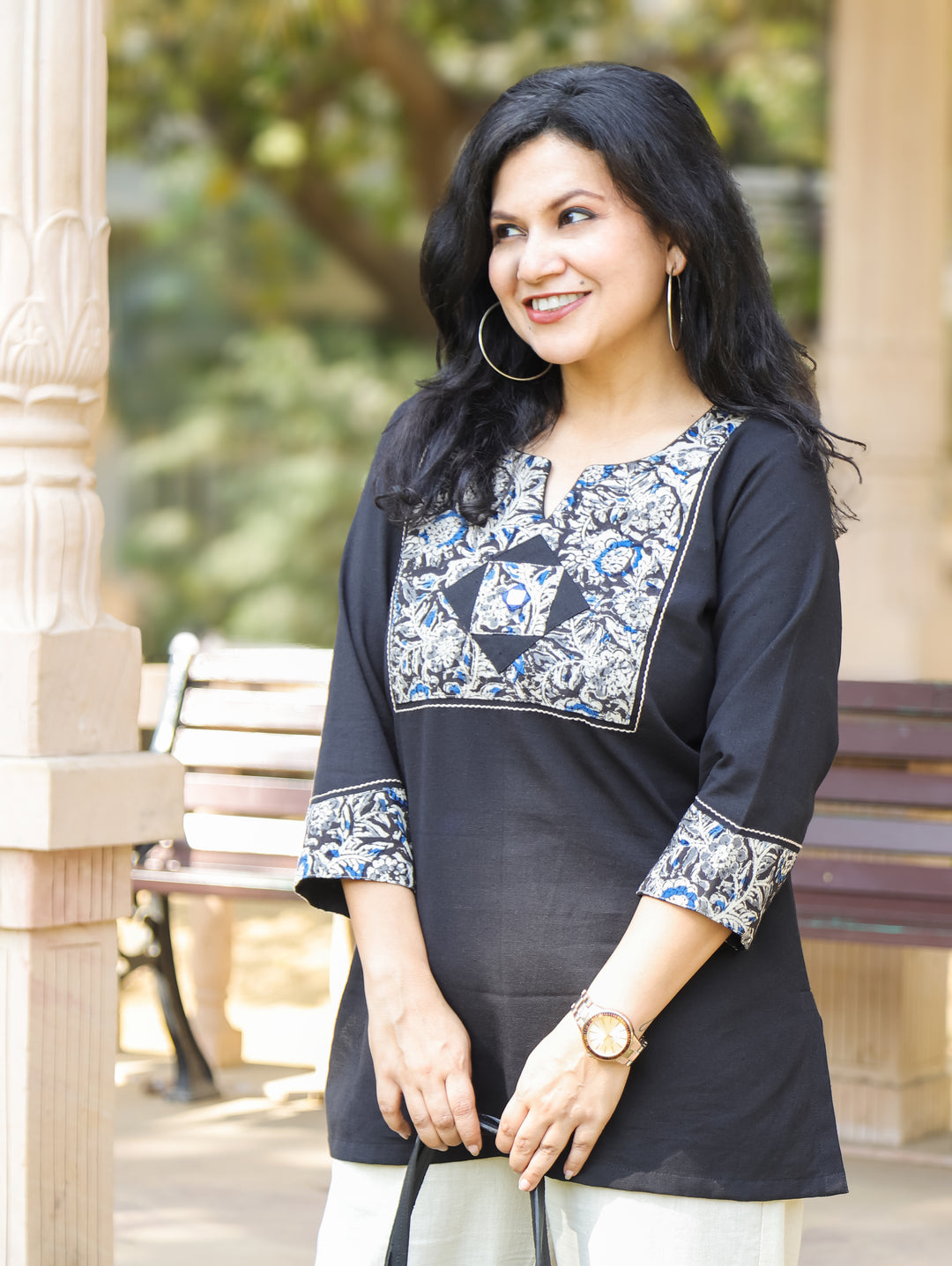 Kalmi Black with Kalamakri Patch with Mirror Work Short Cotton Kurti