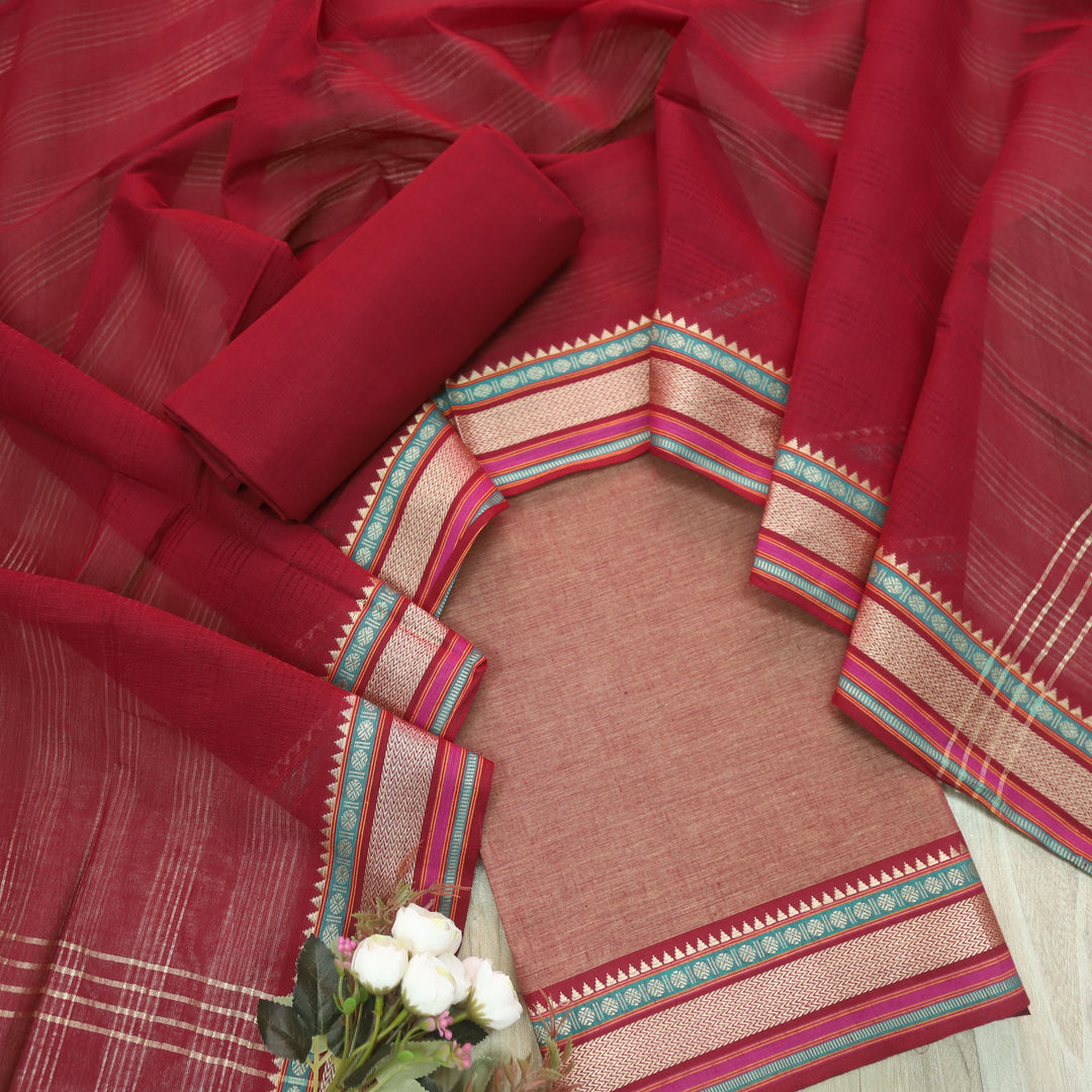 Sanskruti Skin Beige with Red Dupatta South Cotton Temple Hem Suit Set