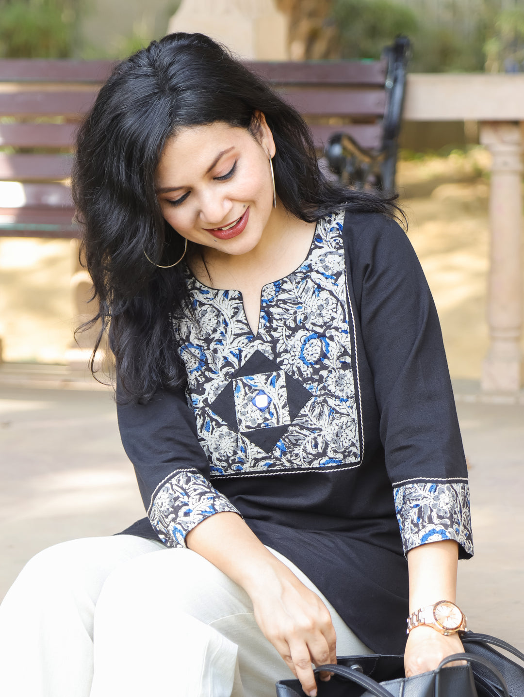 Kalmi Black with Kalamakri Patch with Mirror Work Short Cotton Kurti
