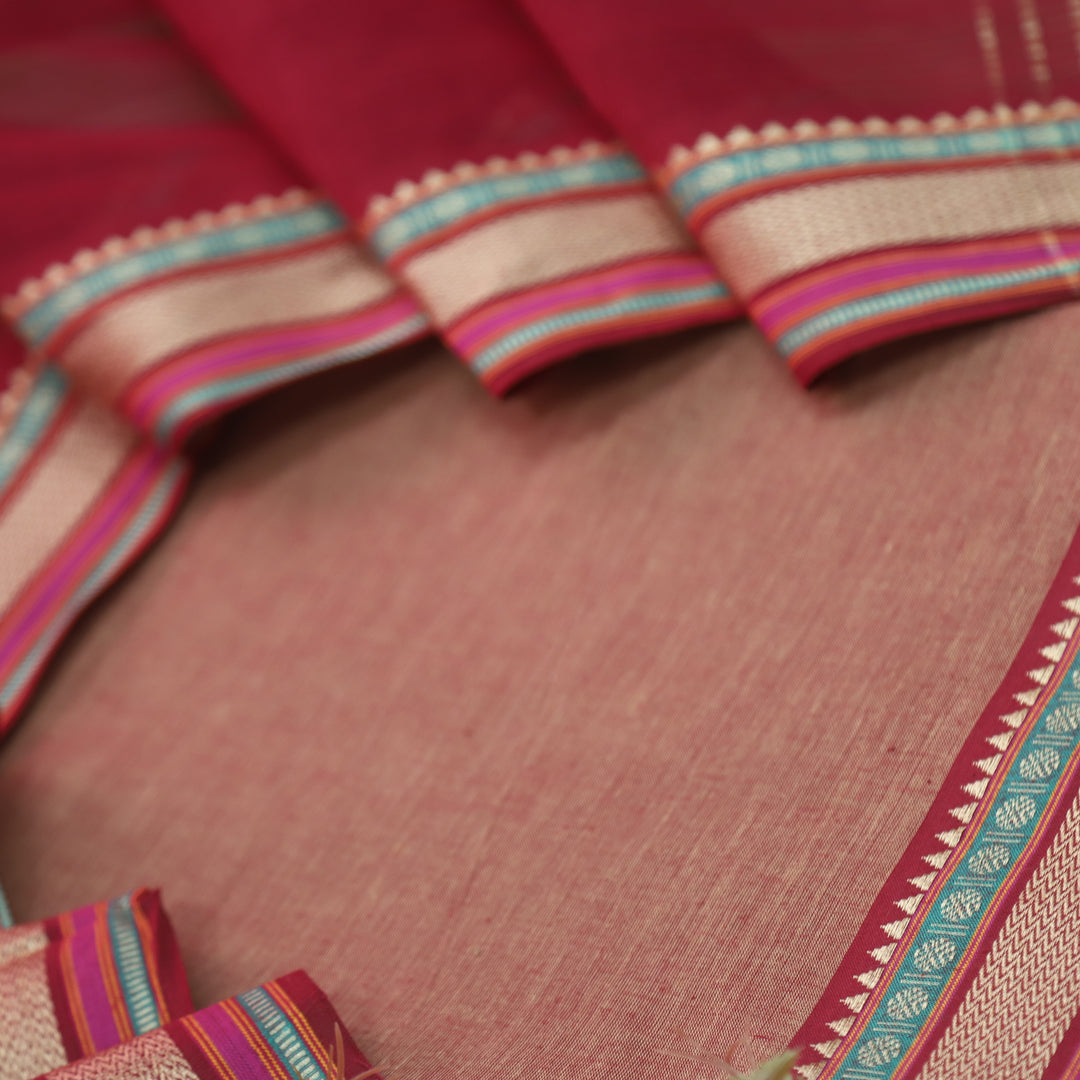 Sanskruti Skin Beige with Red Dupatta South Cotton Temple Hem Suit Set