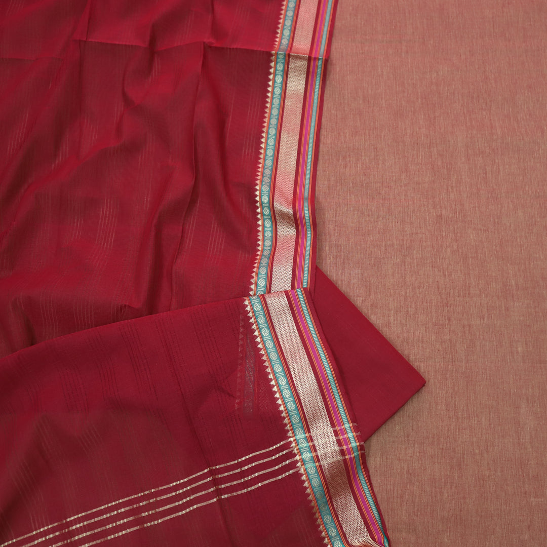 Sanskruti Skin Beige with Red Dupatta South Cotton Temple Hem Suit Set