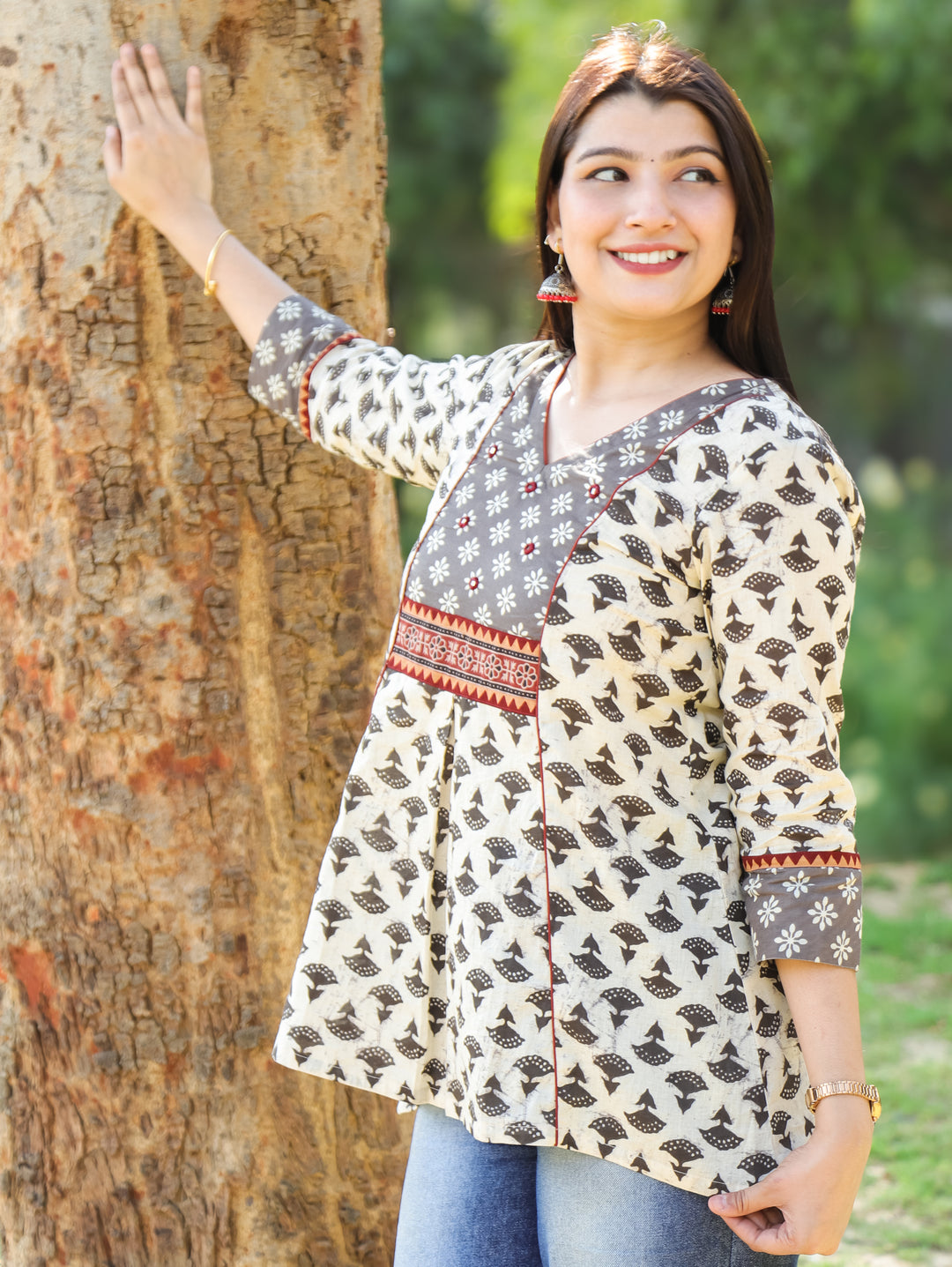 Madhvi Latte Beige with Dabu Printed Yoke with Mirror Work Short Cotton Kurti
