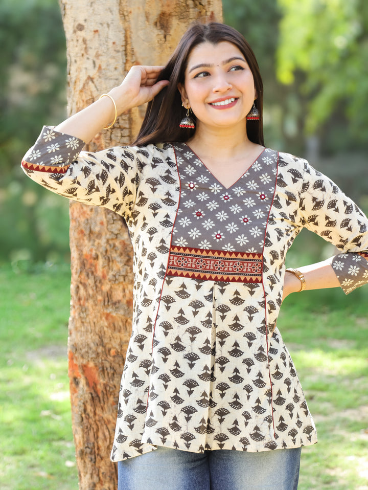 Madhvi Latte Beige with Dabu Printed Yoke with Mirror Work Short Cotton Kurti