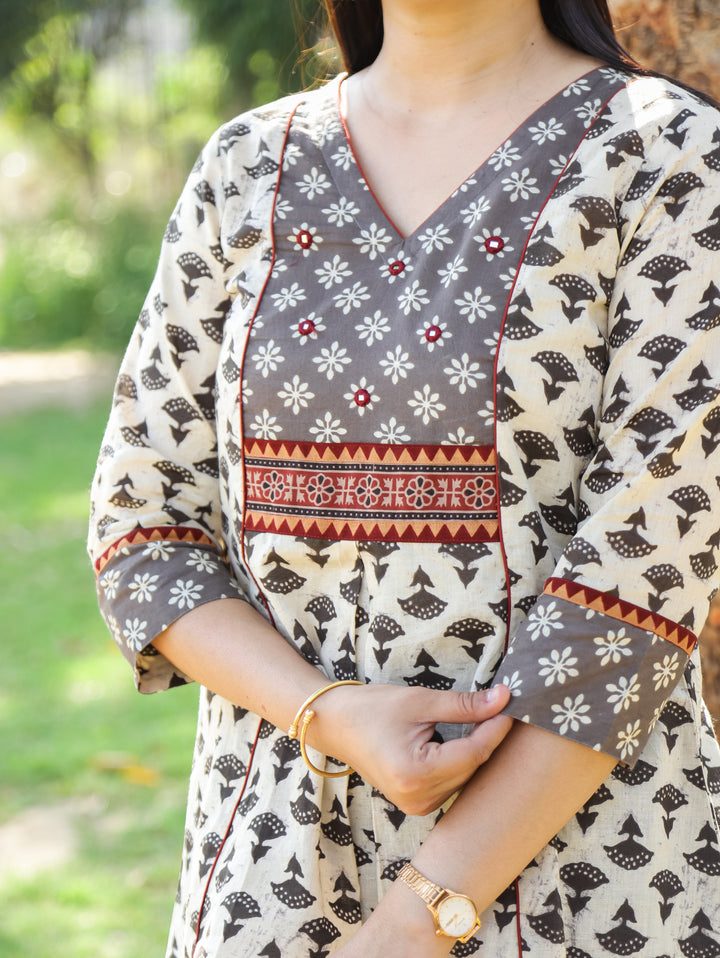 Madhvi Latte Beige with Dabu Printed Yoke with Mirror Work Short Cotton Kurti