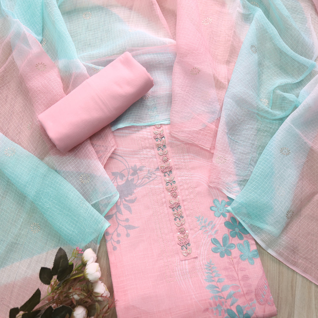 Subani Baby Pink Kardana Work on Floral Printed Cotton Linen Suit Set