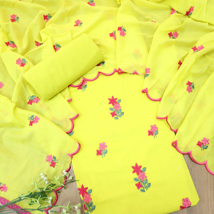 Mustani Neon Yellow All Over Floral Thread Embroidered Work Cotton Suit Set