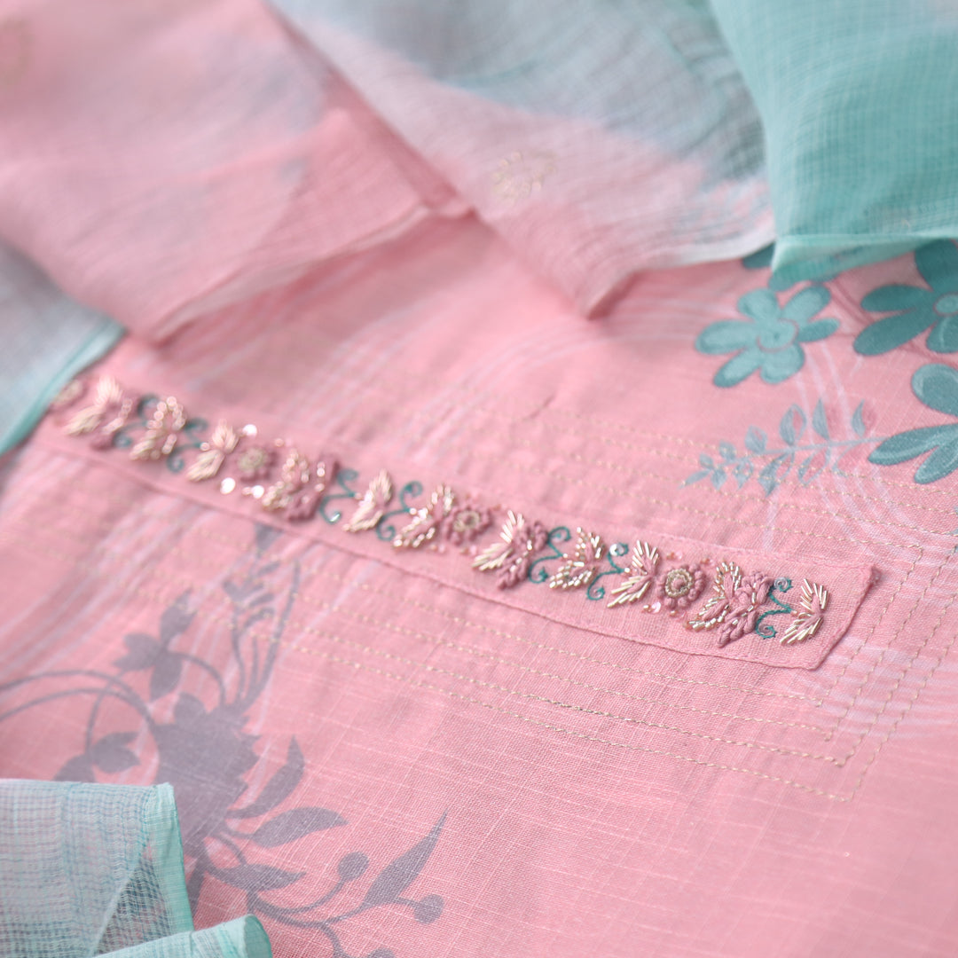 Subani Baby Pink Kardana Work on Floral Printed Cotton Linen Suit Set