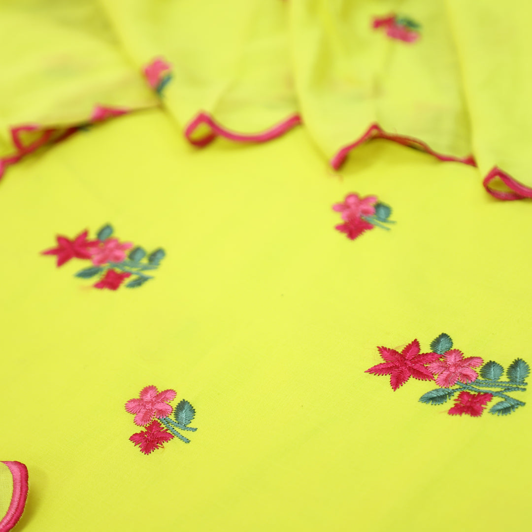 Mustani Neon Yellow All Over Floral Thread Embroidered Work Cotton Suit Set
