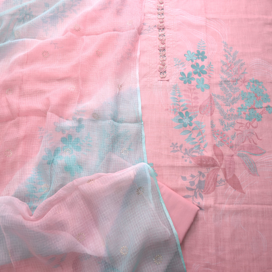 Subani Baby Pink Kardana Work on Floral Printed Cotton Linen Suit Set