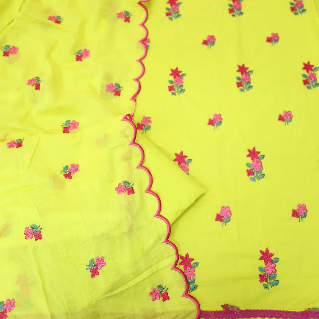 Mustani Neon Yellow All Over Floral Thread Embroidered Work Cotton Suit Set