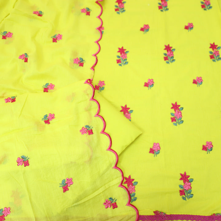 Mustani Neon Yellow All Over Floral Thread Embroidered Work Cotton Suit Set
