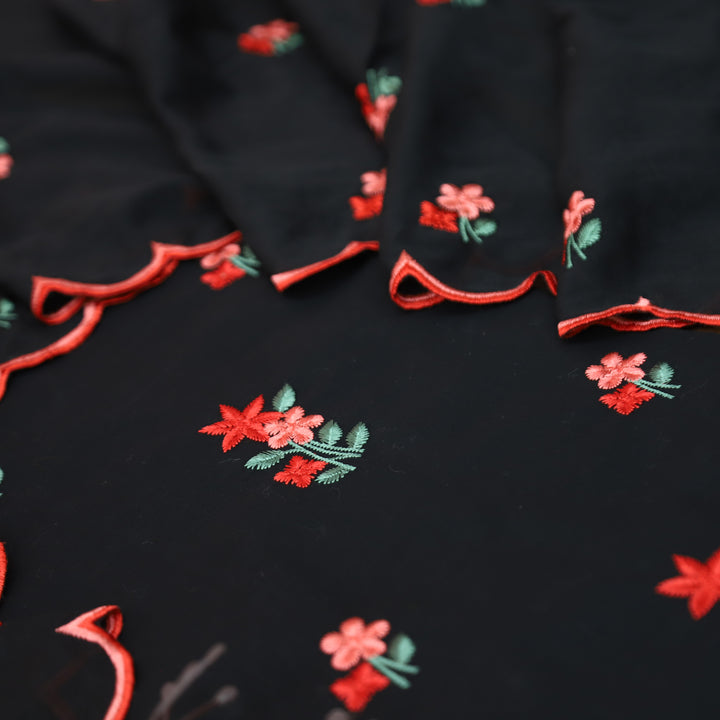 Mustani Oil Black All Over Floral Thread Embroidered Work Cotton Suit Set