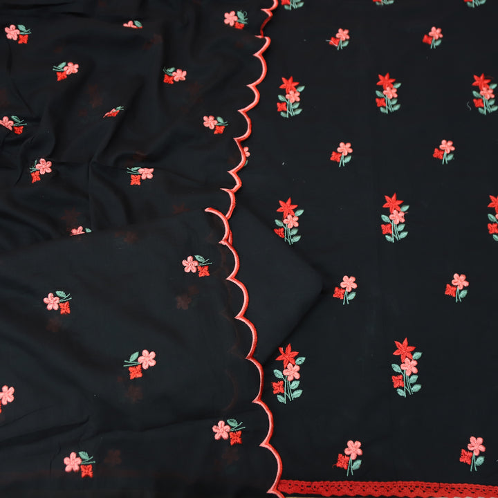 Mustani Oil Black All Over Floral Thread Embroidered Work Cotton Suit Set