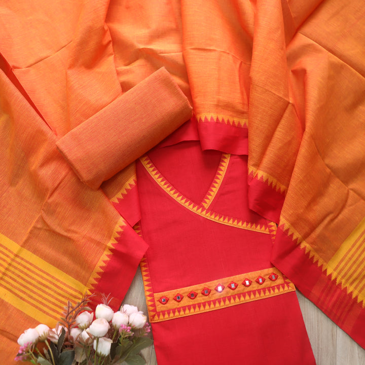 Sanskruti Orange with Yellow Angrakha Style South Cotton Temple Hem Suit Set
