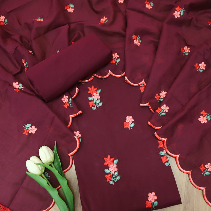 Mustani Mahogany Wine All Over Floral Thread Embroidered Work Cotton Suit Set
