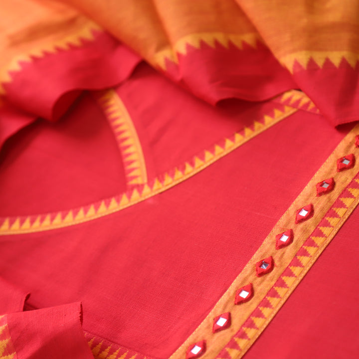 Sanskruti Orange with Yellow Angrakha Style South Cotton Temple Hem Suit Set