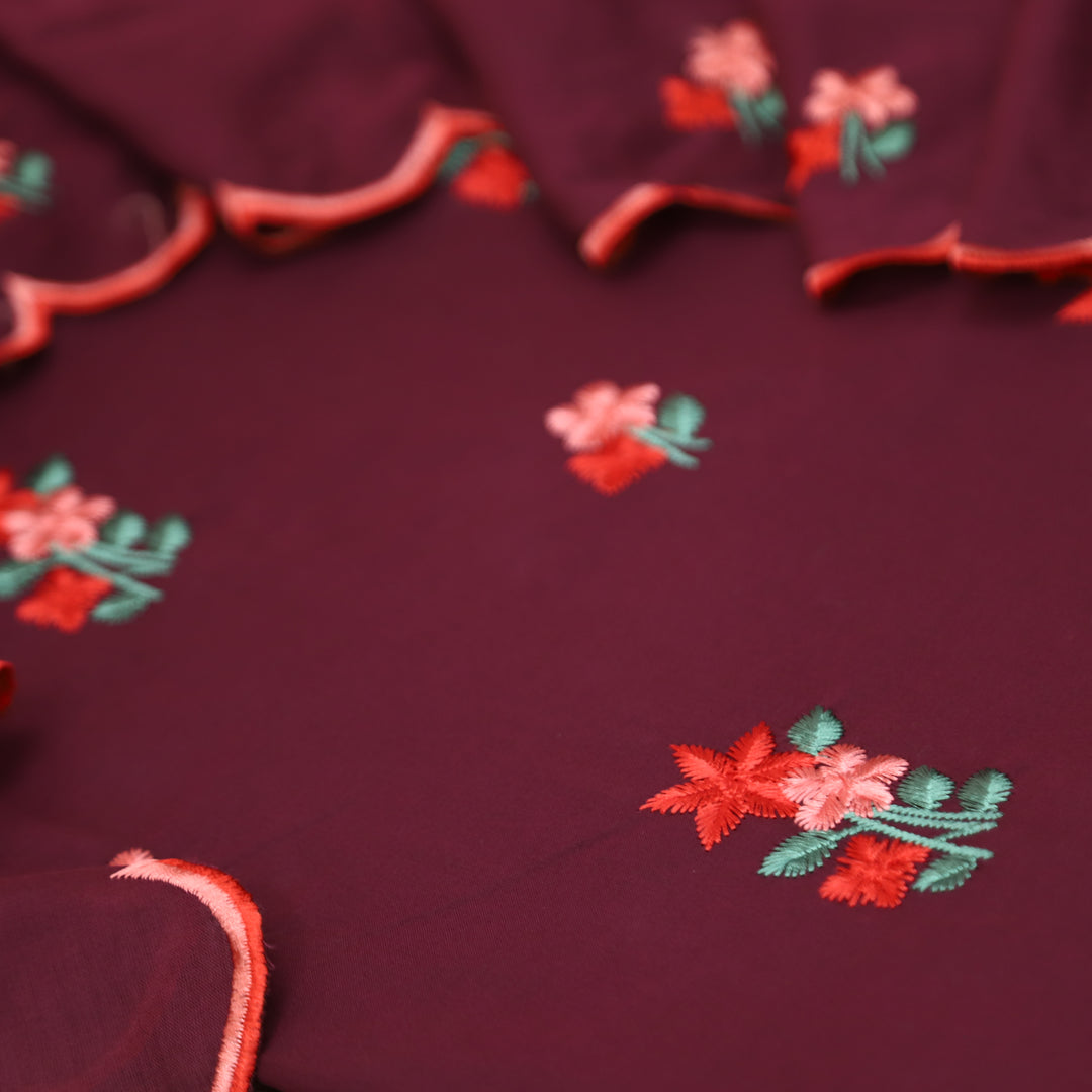 Mustani Mahogany Wine All Over Floral Thread Embroidered Work Cotton Suit Set