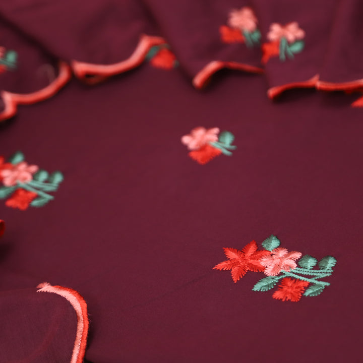 Mustani Mahogany Wine All Over Floral Thread Embroidered Work Cotton Suit Set