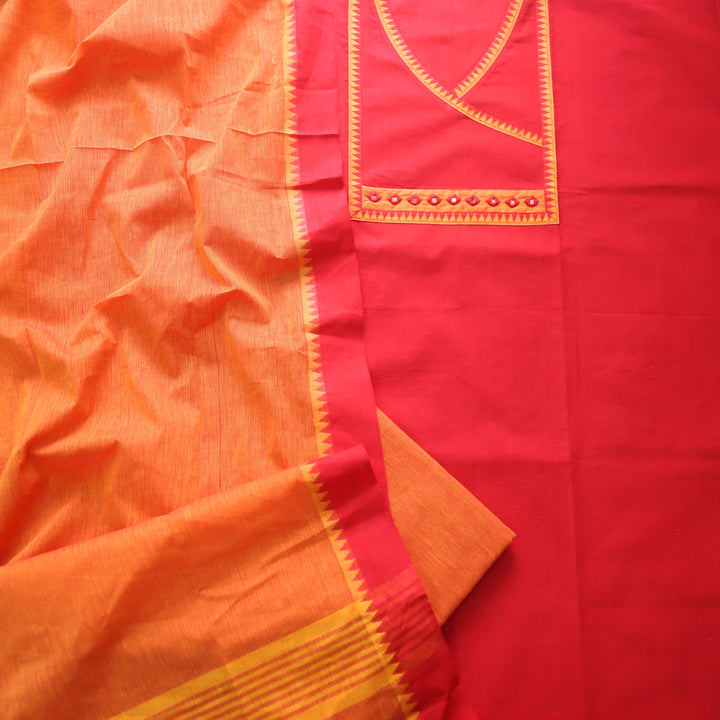 Sanskruti Orange with Yellow Angrakha Style South Cotton Temple Hem Suit Set