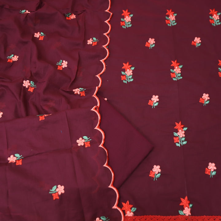 Mustani Mahogany Wine All Over Floral Thread Embroidered Work Cotton Suit Set